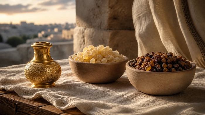Gold, frankincense, and myrrh arranged on linen in Bethlehem light