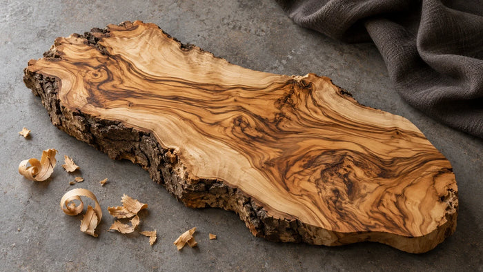 Olive wood grain on an irregular offcut beside curled wood shavings
