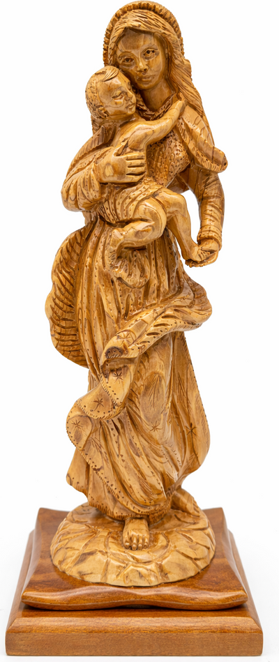 Hand Carved Olive Wood Virgin Mary & Baby Jesus Statue | Handmade in Bethlehem, Holy Land