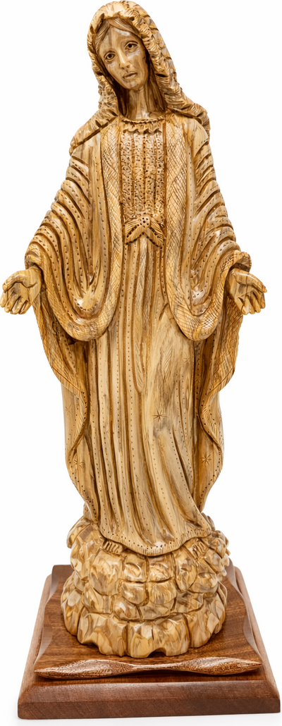 Hand-Carved Olive Wood Virgin Mary Statue from Bethlehem – Large Handmade Holy Land Sculpture 18.5" – Authentic Christian Art