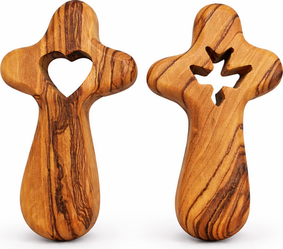 Set of 2 Handmade Olive Wood Crosses from Bethlehem – Heart and Dove Cutout Holy Land Christian Crosses with Velvet Pouches, 2.4 x 1.4 Inches