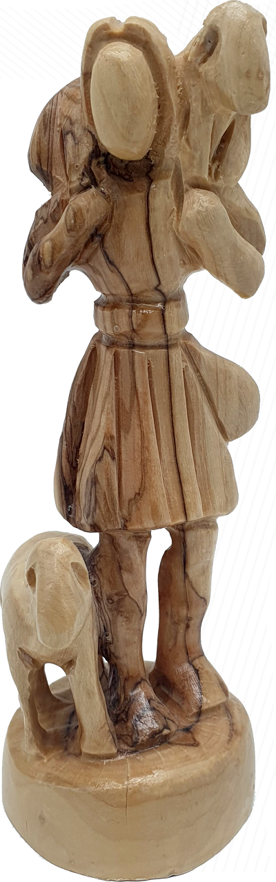 Olive Wood Shepherd Carrying Lamb Statue Handmade