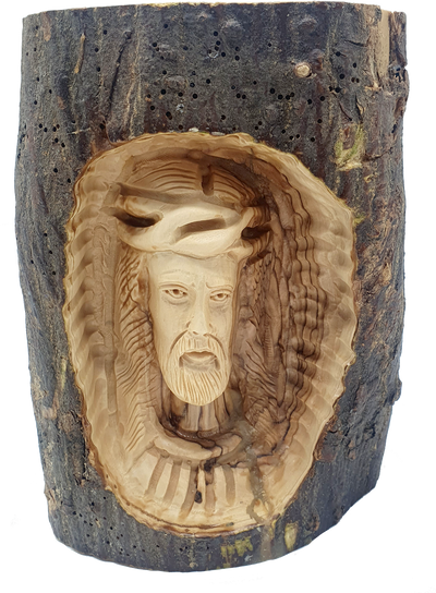 Hand-Carved Jesus Head Olive Wood Branch Religious