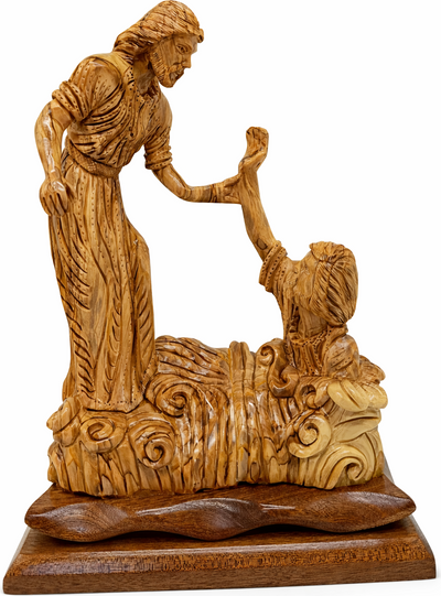 Hand Carved Olive Wood Jesus Saves Peter Statue |