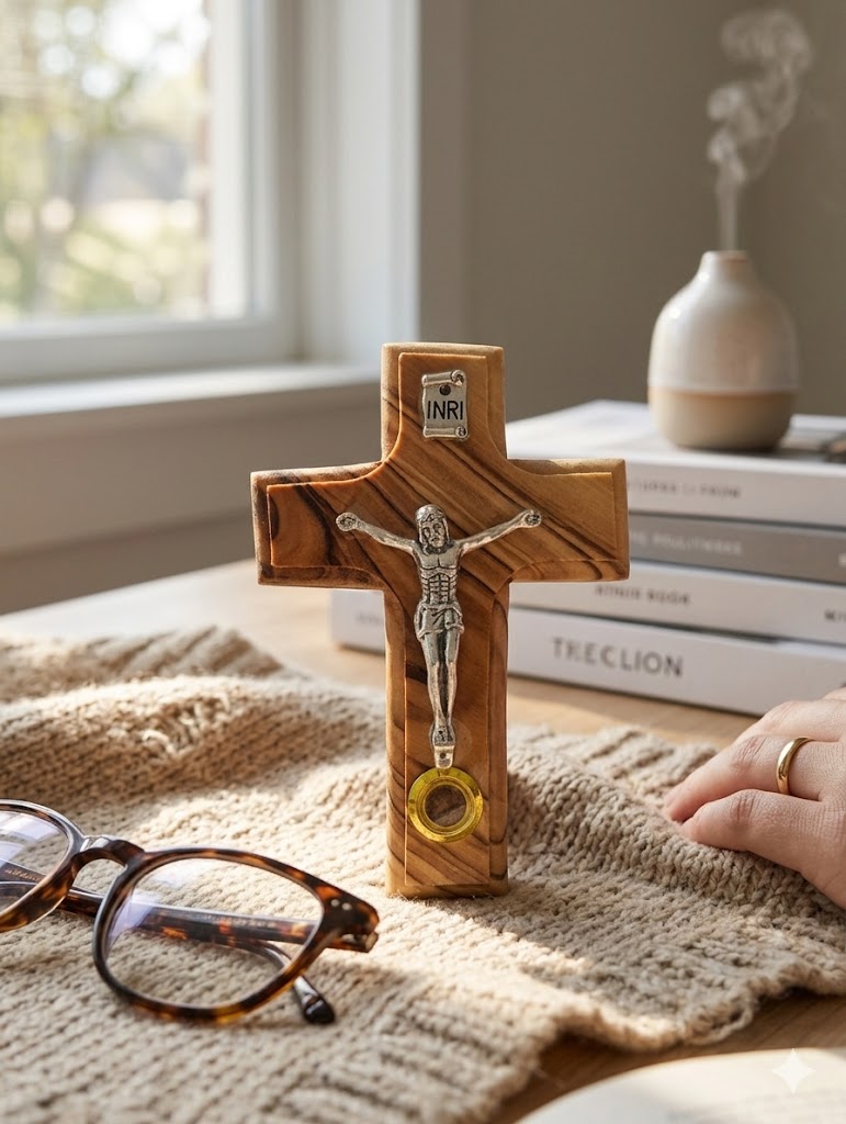 Olive Wood Wall Crucifix with INRI and Holy Land Relic from Bethlehem