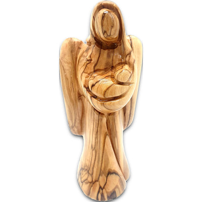 Hand carved olive wood angel holding a baby, crafted in Bethlehem, Holy Land — a timeless religious keepsake.