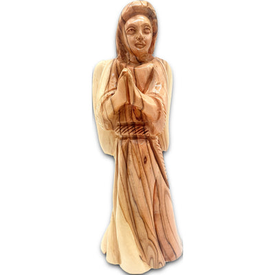 Hand carved olive wood angel statue from Bethlehem, Holy Land, featuring a calm faceless form and natural wood grain.