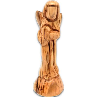 Hand-carved Bethlehem olive wood angel holding a baby figurine, crafted in the Holy Land for timeless spiritual decor.