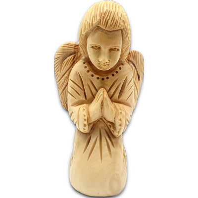 Handcrafted Holy Land olive wood praying angel figurine from Bethlehem, featuring a serene faceless design with folded hands.