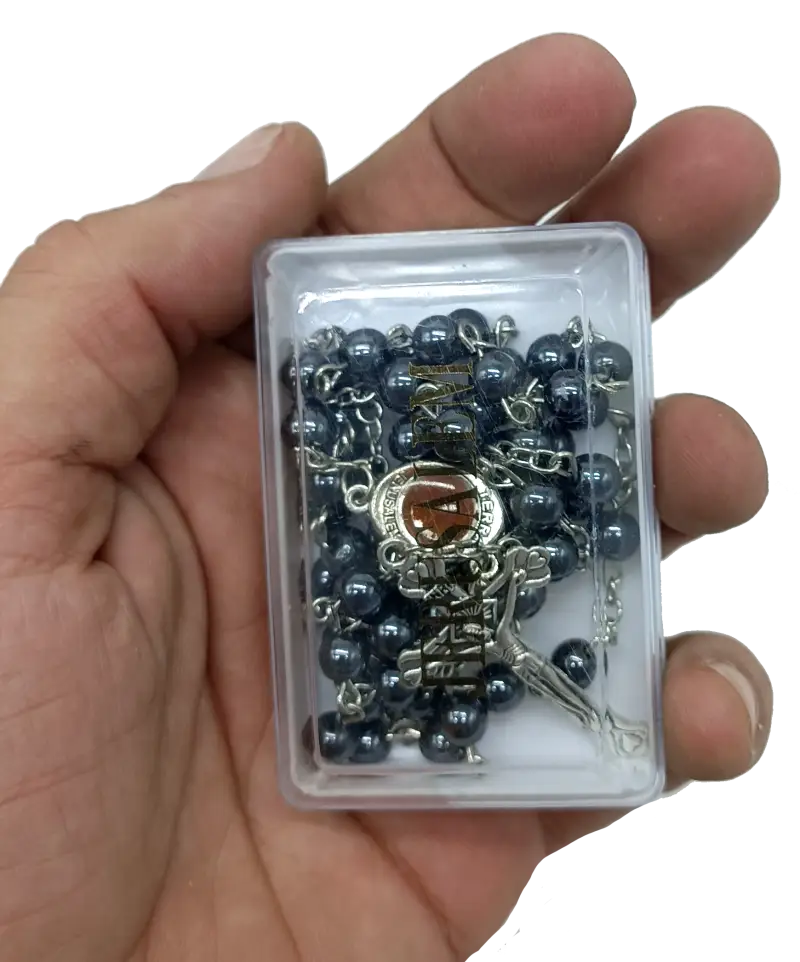 Black rosary with silver-tone chain – glossy glass-style beads elegant and reflective - rosaries