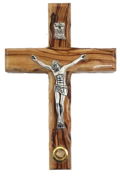 Catholic crucifix olive wood with holy land stone from bethlehem 12cm