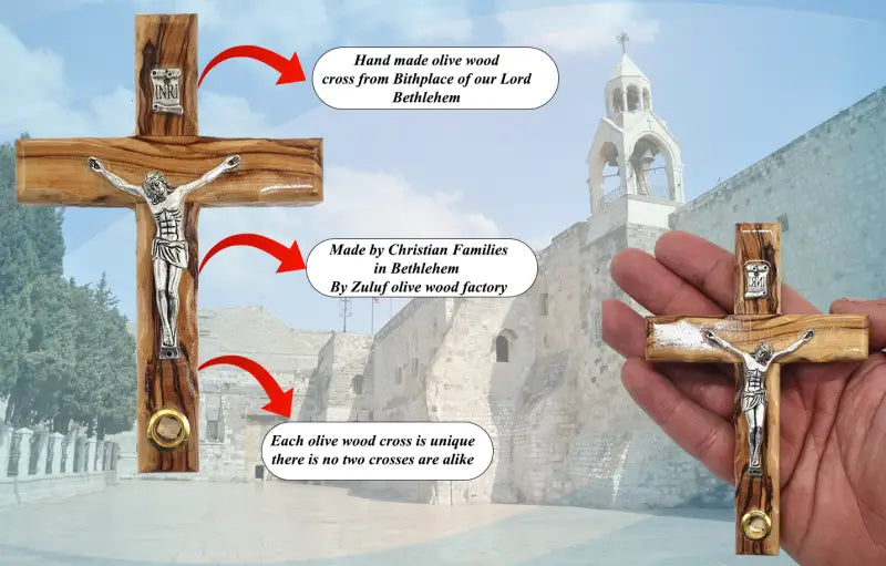 Catholic crucifix olive wood with holy land stone from bethlehem 12cm