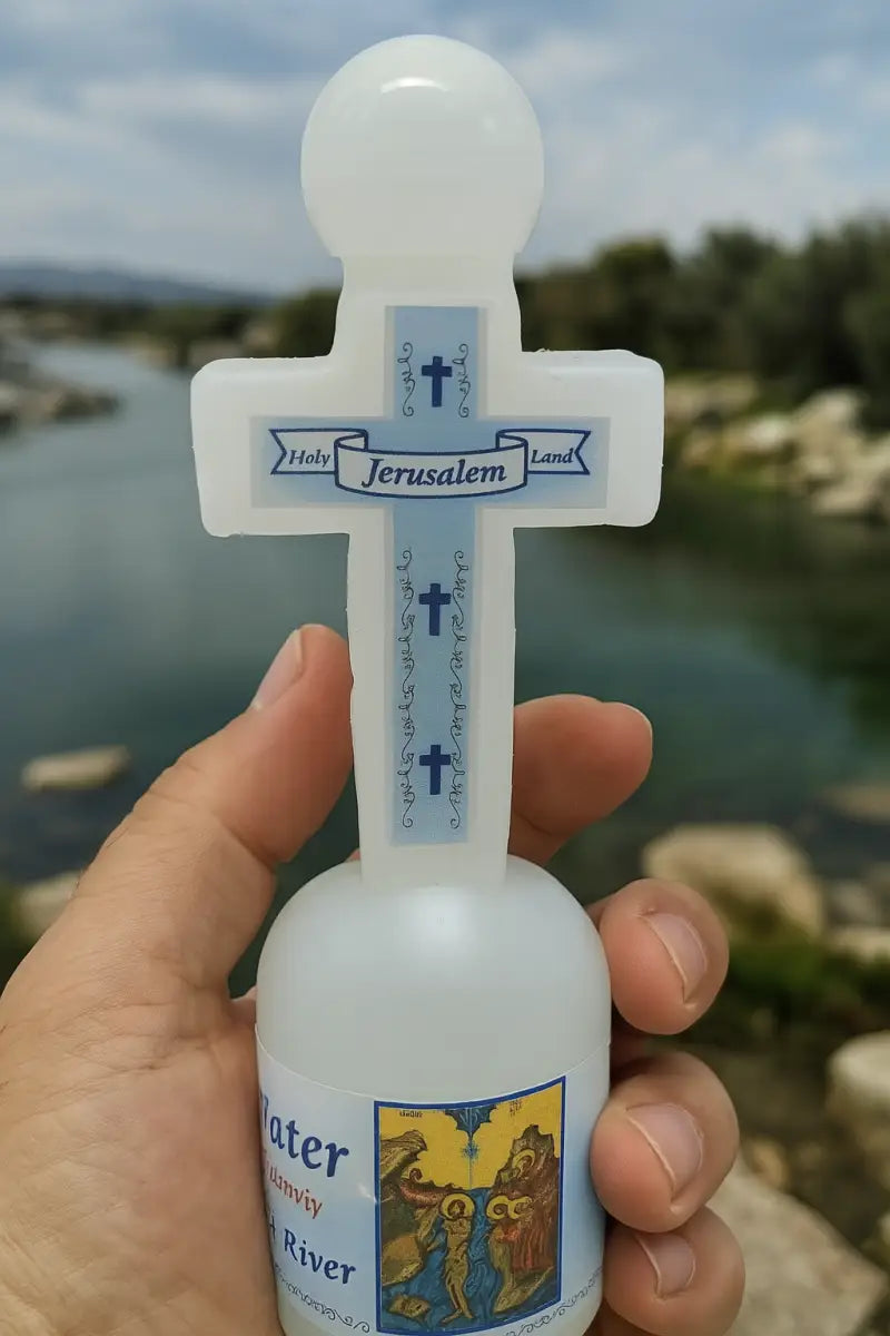 Cross-shaped holy water bottle from jordan river – 5.3’’ tall | 152g | land souvenir with jerusalem label