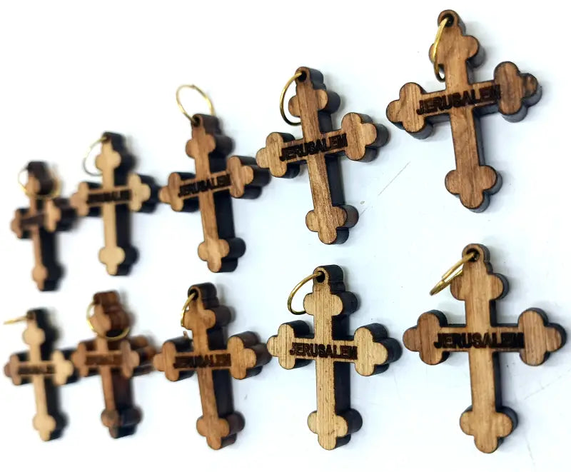 Engraved jerusalem wooden cross pendant – 1.25’’ x 0.98’’ trefoil faith charm with holy land inscription - charm