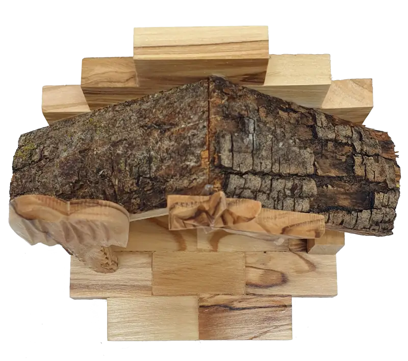 Hand-carved nativity set scene with bark roof made in bethlehem