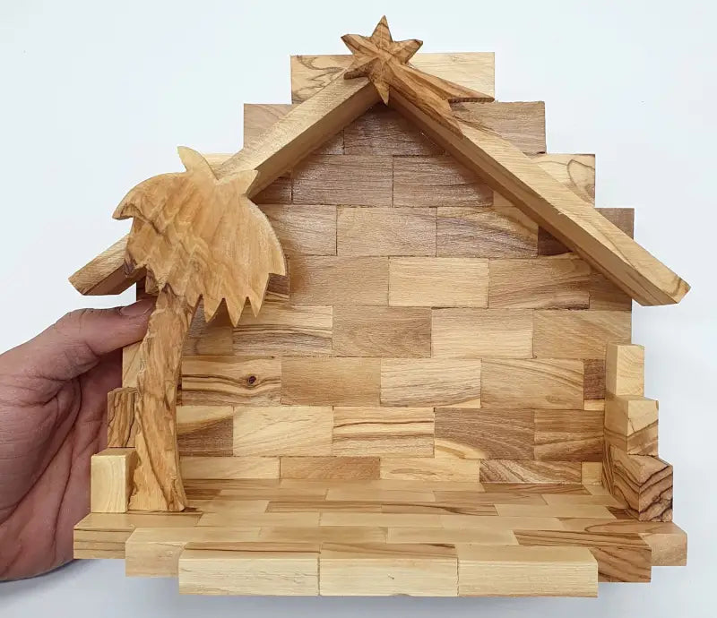 Hand-carved nativity set with bark roof from bethlehem 8.6x4.9 inches - nativities