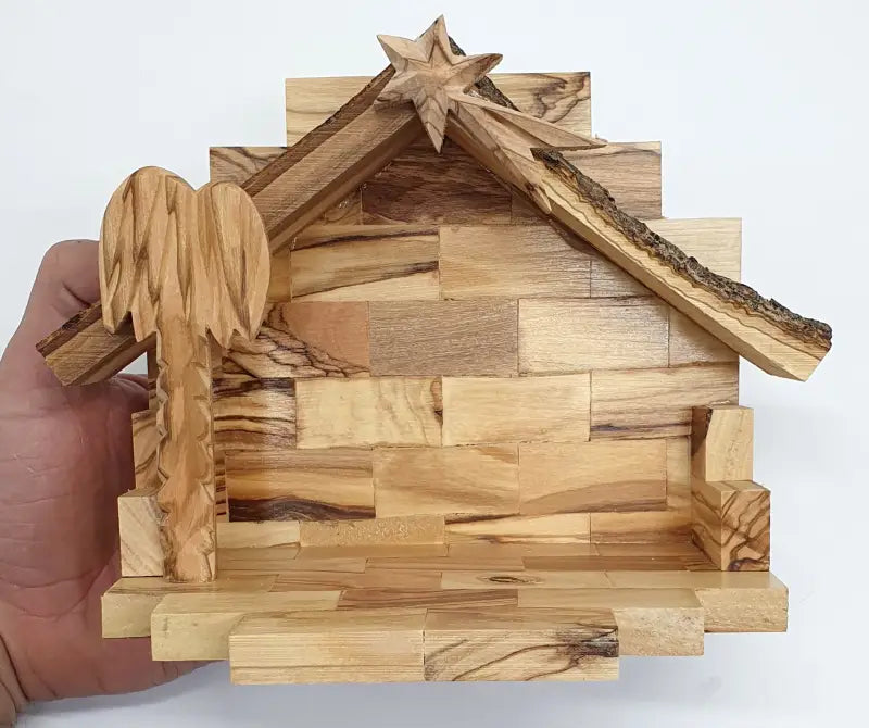 Hand-carved nativity set with bark roof made in bethlehem 5.3 inch