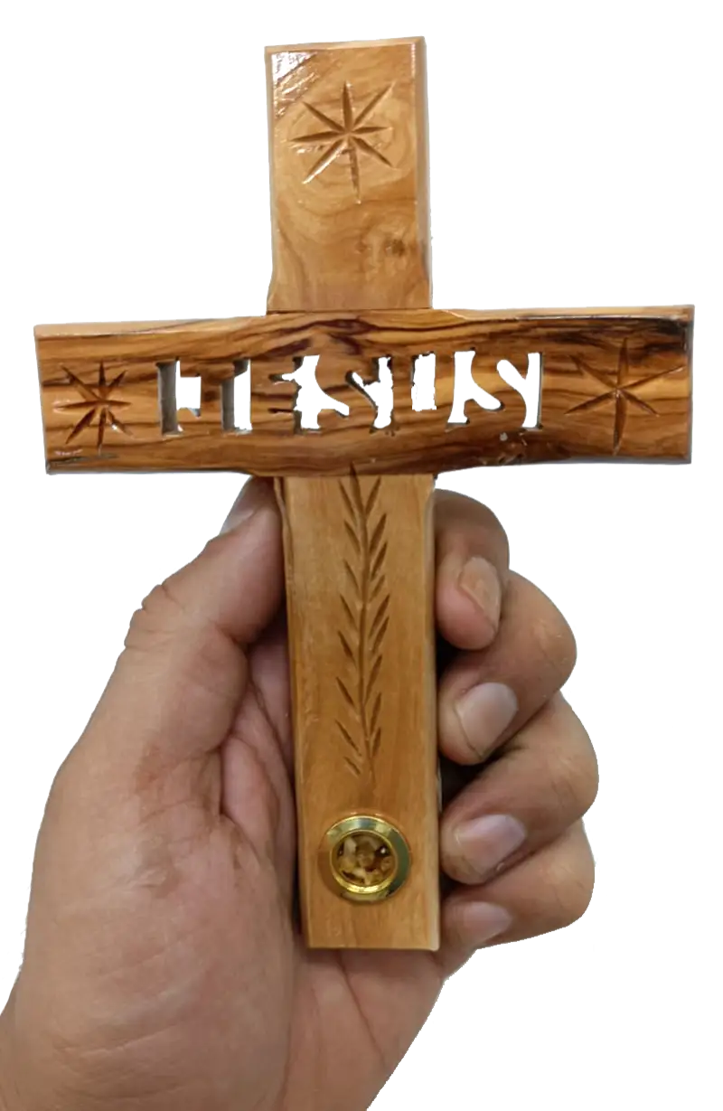 Hand-carved olive wood cross with jesus – made in bethlehem from holy land trees (6.1x4.3 inches) - crosses