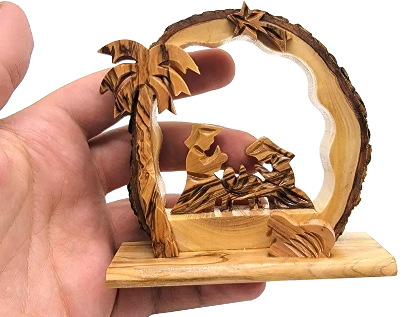 Hand-carved olive wood nativity scene with bark edge – holy family under arch palm tree (bethlehem made) - nativities