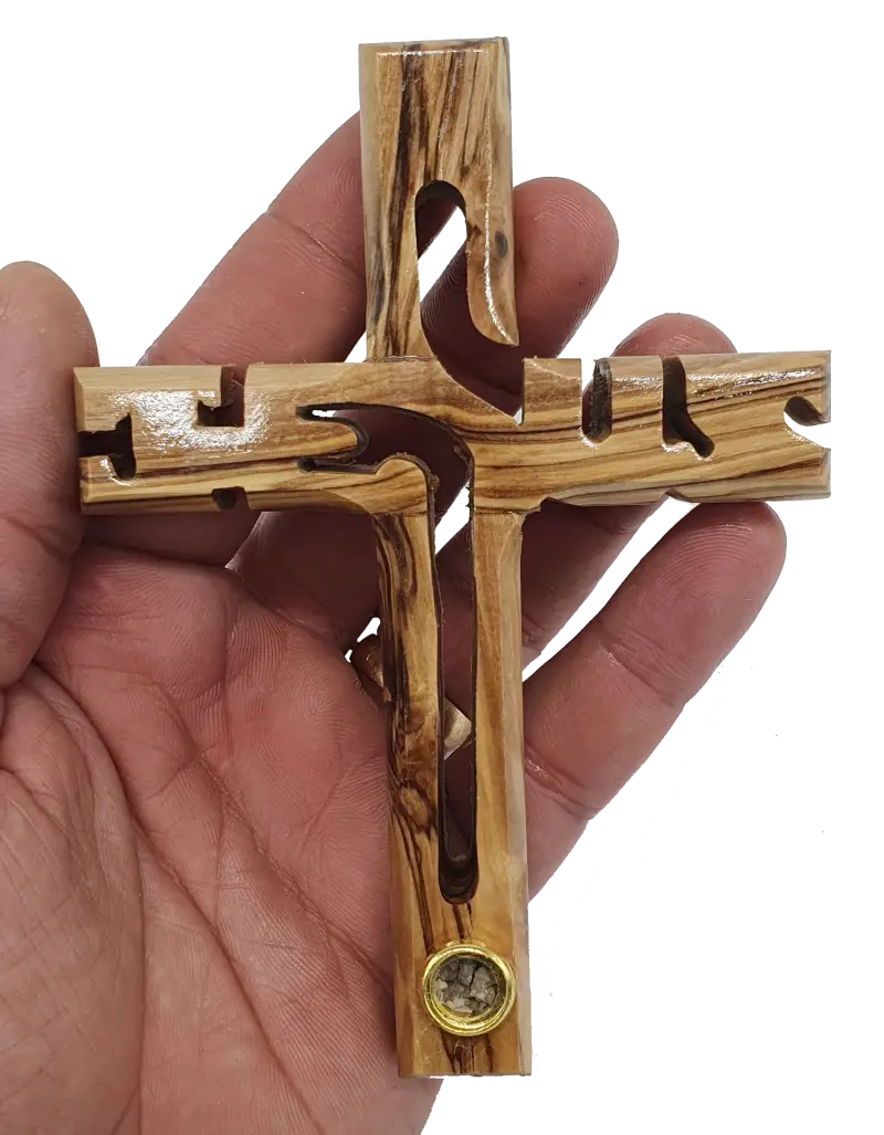 Hand made olive wood jesus cross with capsule of holy land earth