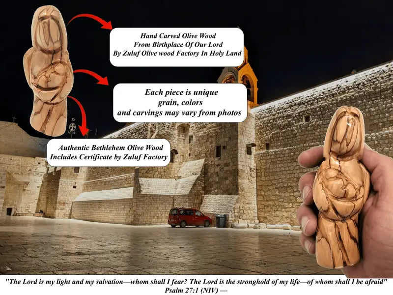 Handcrafted olive wood angel with baby jesus figurine - figures