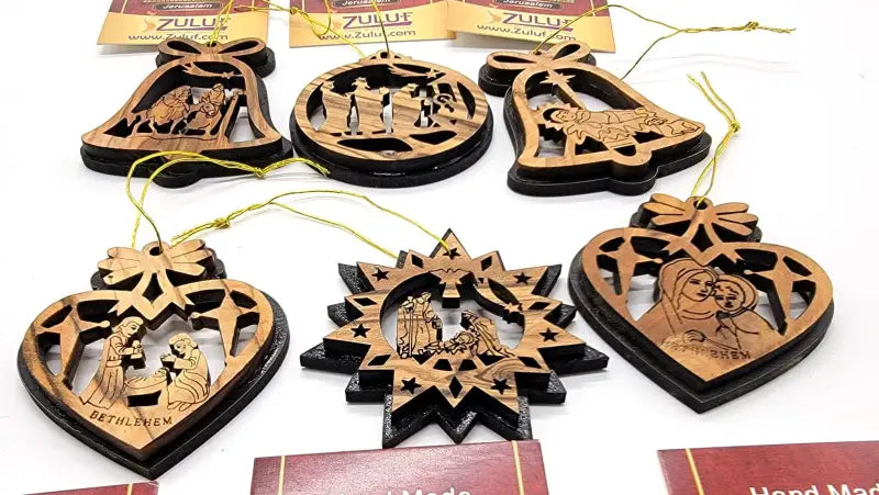 Handcrafted olive wood ornament collection set of six