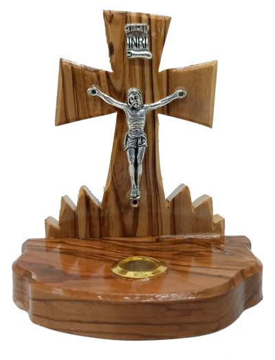 Handmade bethlehem olive wood cross with pewter crucifix & incense – from the holy land (3.5x3.1’’) - crosses
