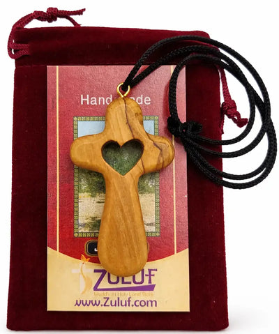 Handmade olive wood cross necklace with heart cutout from bethlehem – christian pendant adjustable cord and velvet bag