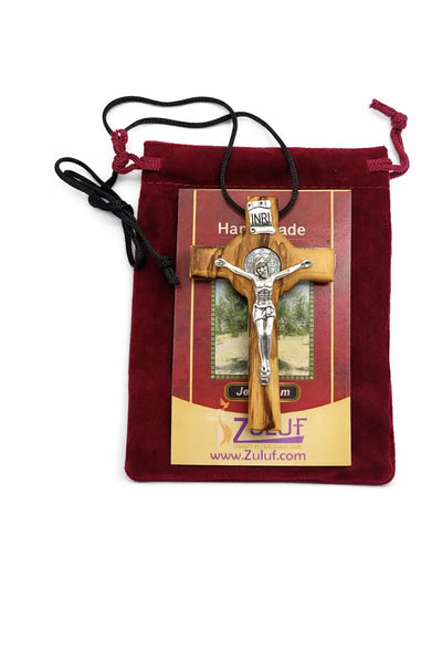 Handmade olive wood saint benedict crucifix from bethlehem – catholic cross with cord velvet bag and certificate 7.5 x