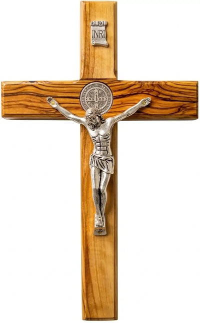 Handmade olive wood saint benedict crucifix from bethlehem – large holy land catholic cross with silver tone corpus