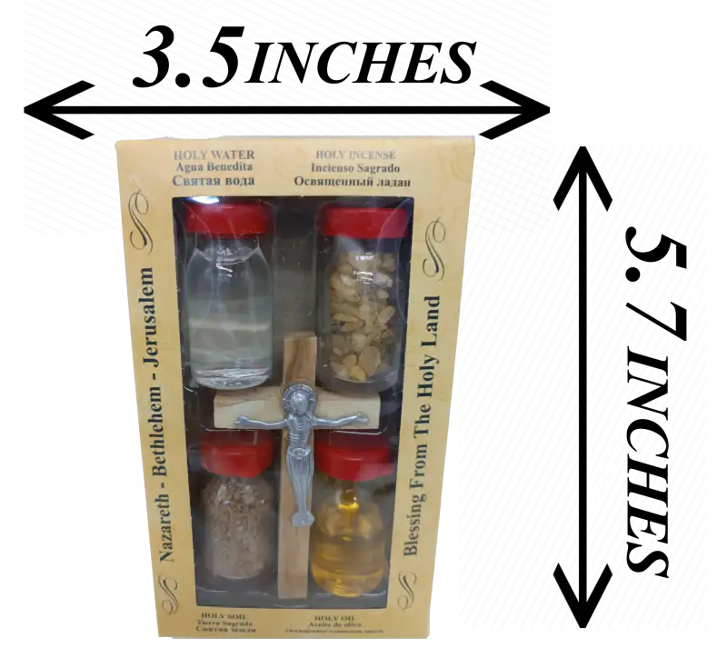 Holy land gift set – water anointing oil soil incense & olive wood crucifix | 5-piece blessing pack from jerusalem