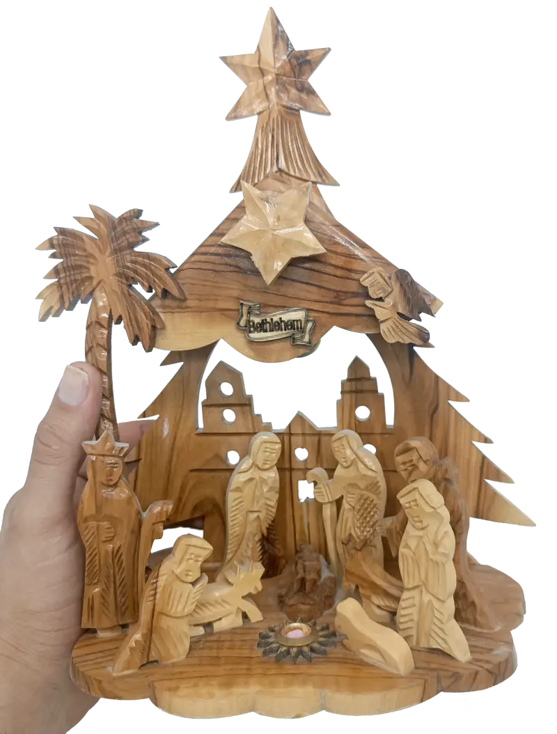 Large hand-carved olive wood nativity scene from bethlehem – full holy family & magi set with star - nativities
