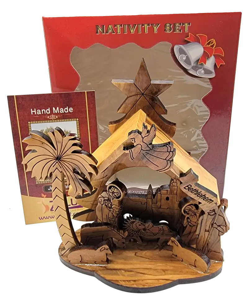 Large laser-cut olive wood nativity scene with bethlehem backdrop & angel – handcrafted christmas décor - nativities