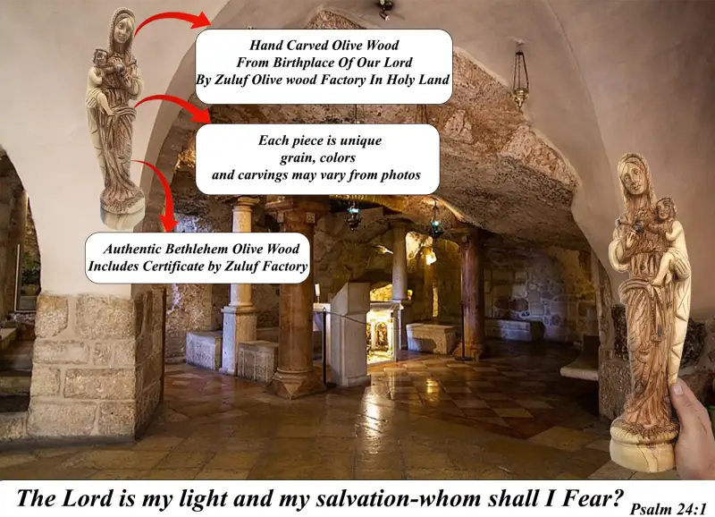 Large olive wood virgin mary holding baby jesus statue - figures