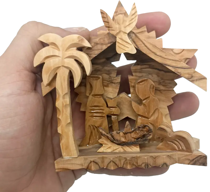Mini olive wood nativity scene from bethlehem – hand-carved holy family with angel & star (9x9x4 cm 75g) - nativities