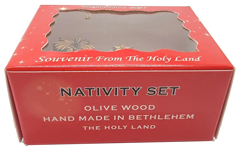 Miniature olive wood nativity scene with bell tower – laser engraved bethlehem souvenir gift box - nativities