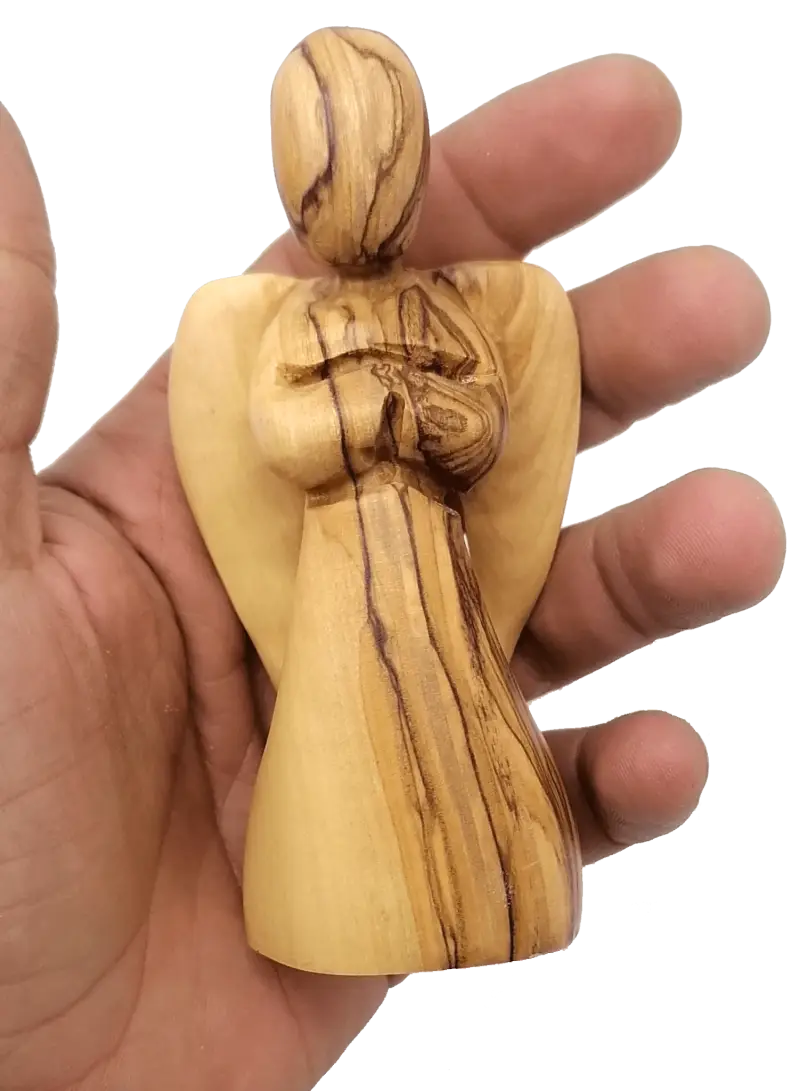 Olive wood angel holding child figurine - figures