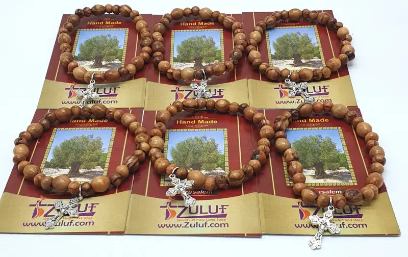 Olive wood bracelet with metallic cross handmade jewelry