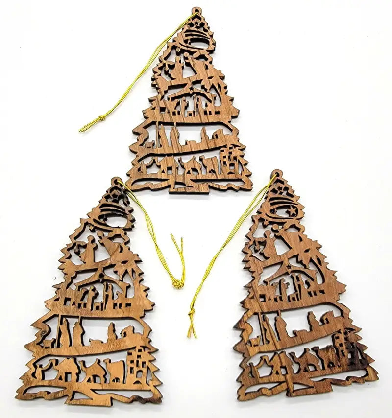 Olive wood christian tree ornaments handcrafted from the holy land