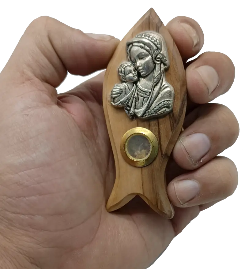 Olive wood magnet – virgin mary with baby jesus & relic capsule - magnet