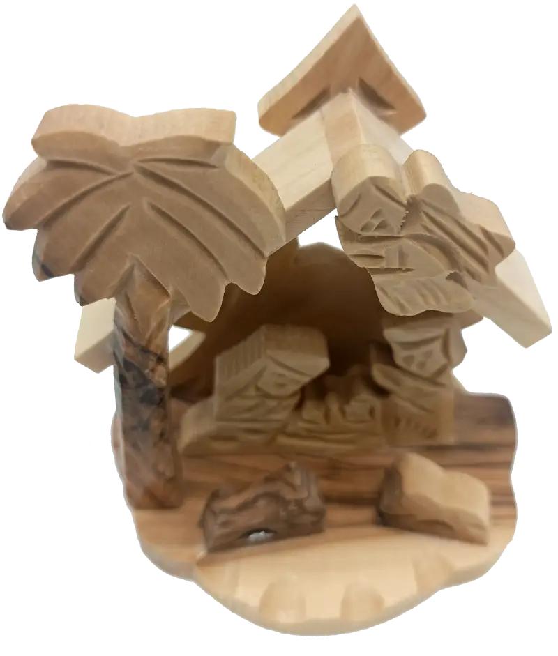 Olive wood nativity scene from bethlehem – hand-carved holy family with angel star & tree-shaped backdrop (9x9x5.5 cm