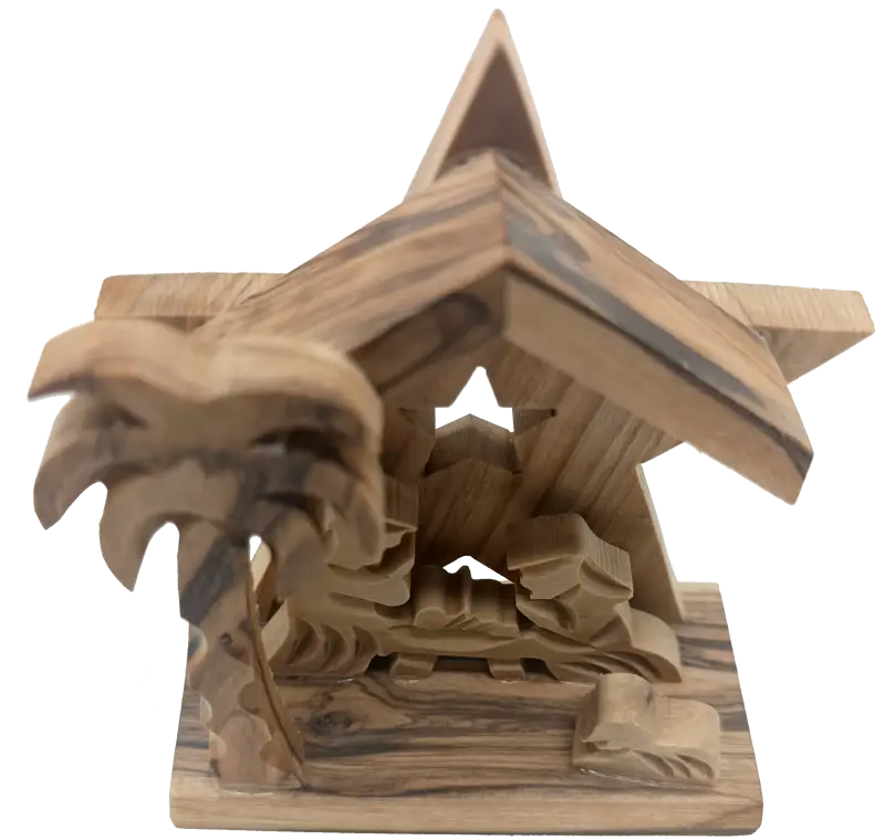 Olive wood nativity scene from bethlehem – hand-carved holy family under star with palm tree (9x8.5x4 cm 60g)