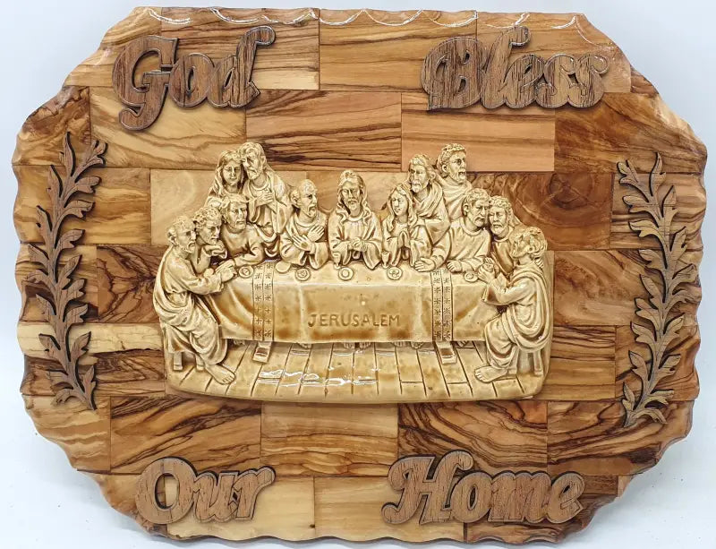 Olive wood plaque with gypsum last supper relief wall hanging - wh006