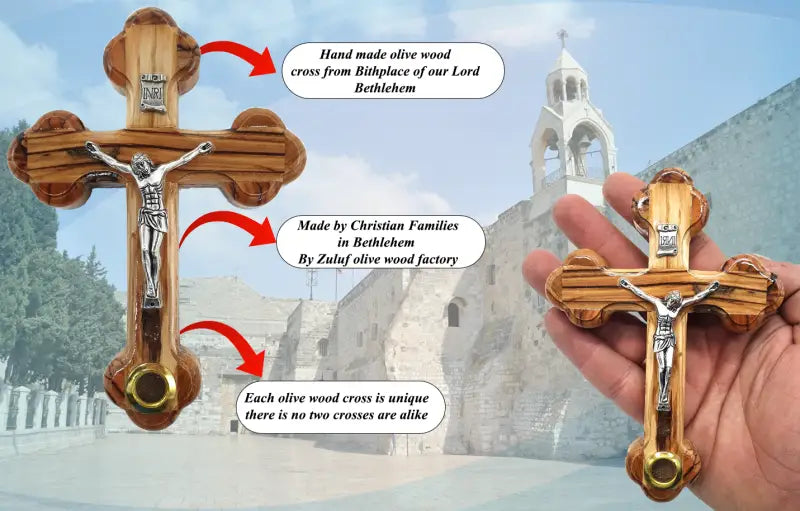 Orthodox olive wood cross with holy land soil handcrafted