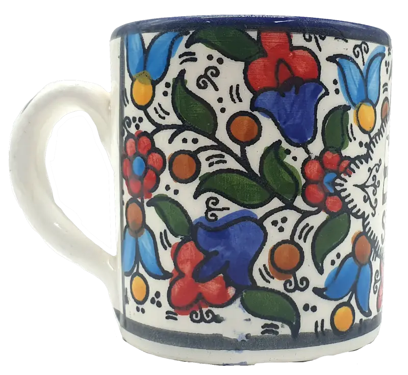 Small handmade ceramic tea mug hebron pottery from palestine - cr044 flower with shalom