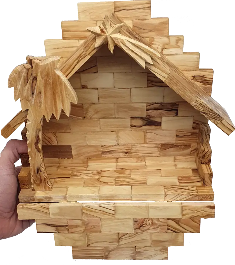 Zuluf hand-carved nativity set with bark roof from bethlehem