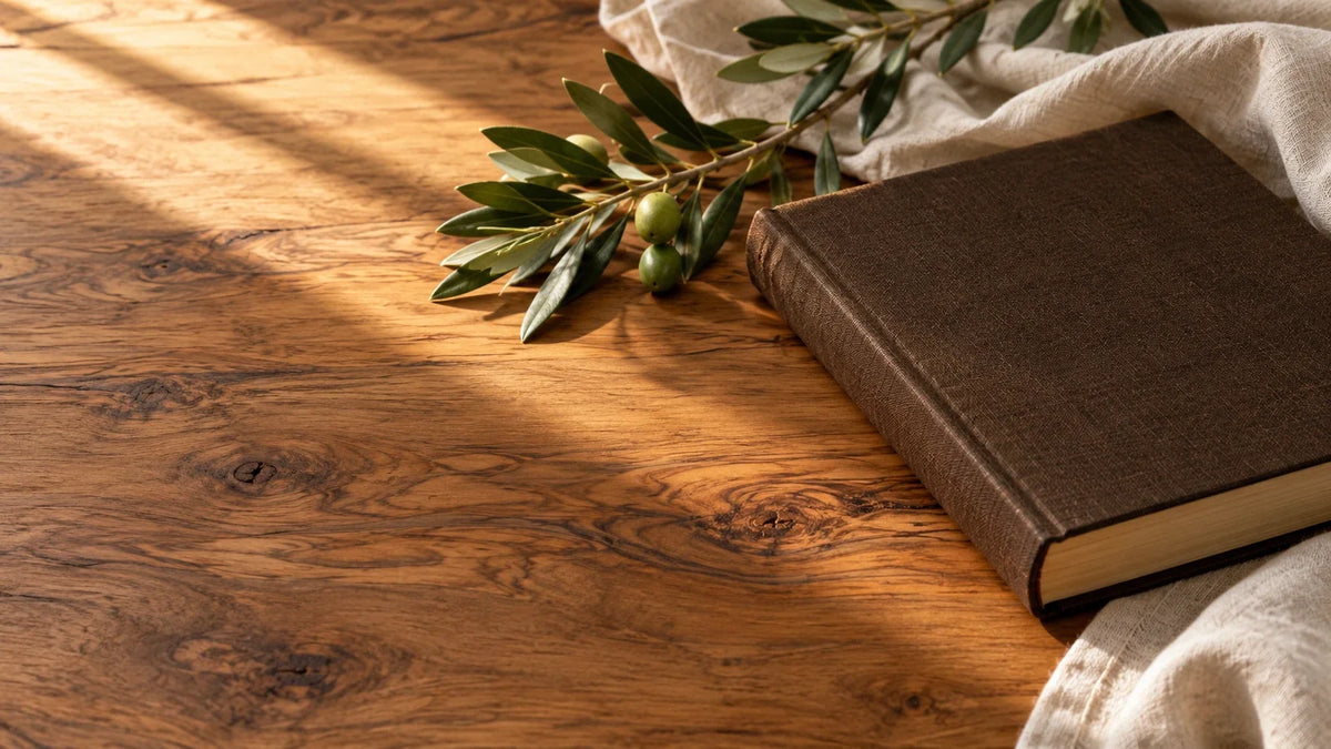 Olive branch, folded linen and a closed unmarked book on a wooden table