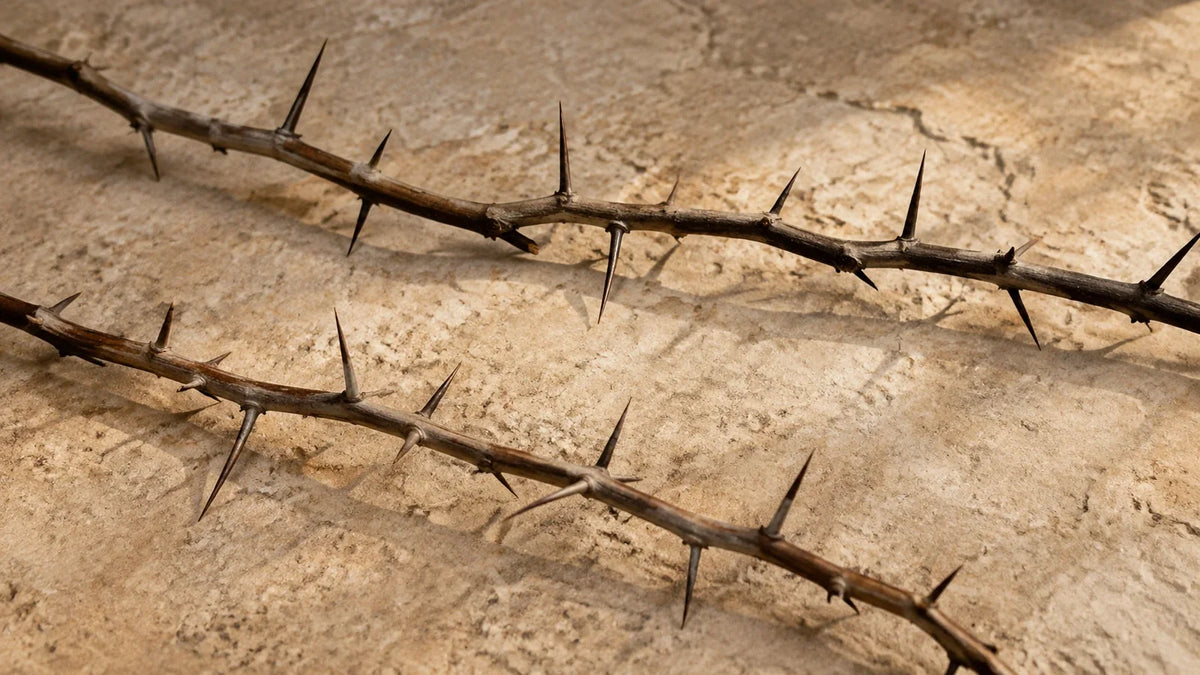 Loose thorn branches on warm limestone in a symbolic still life