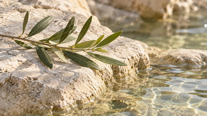 Olive leaves resting on pale stone beside clear water