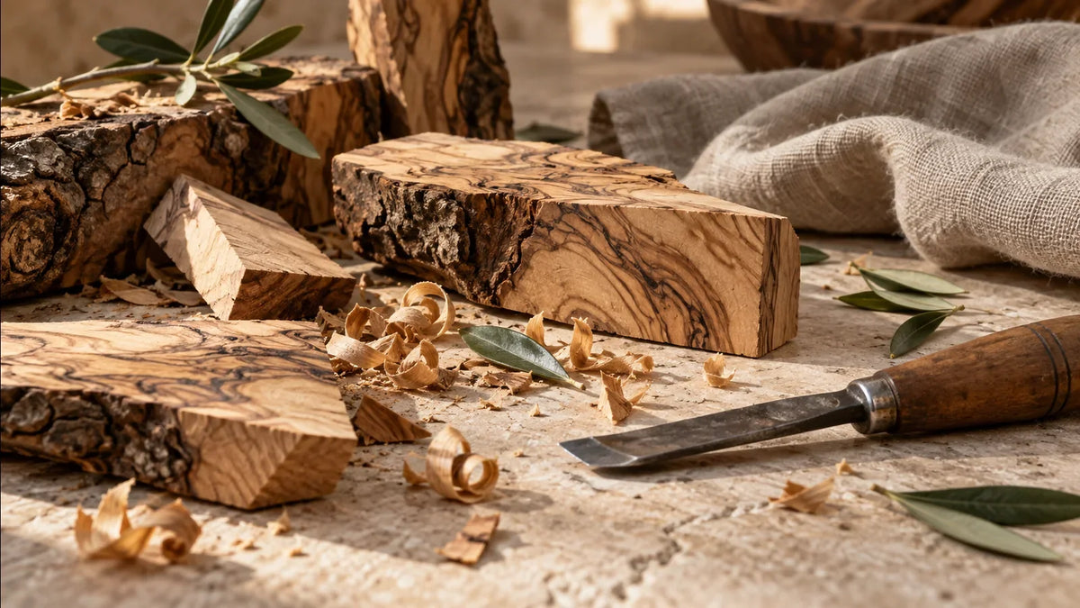 Olive wood offcuts, leaves, shavings and a carving tool on limestone